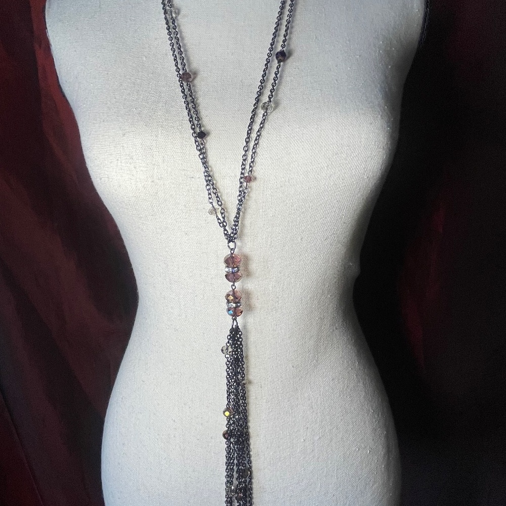 Chico's Long Black Gunmetal Chain Necklace With Tassel